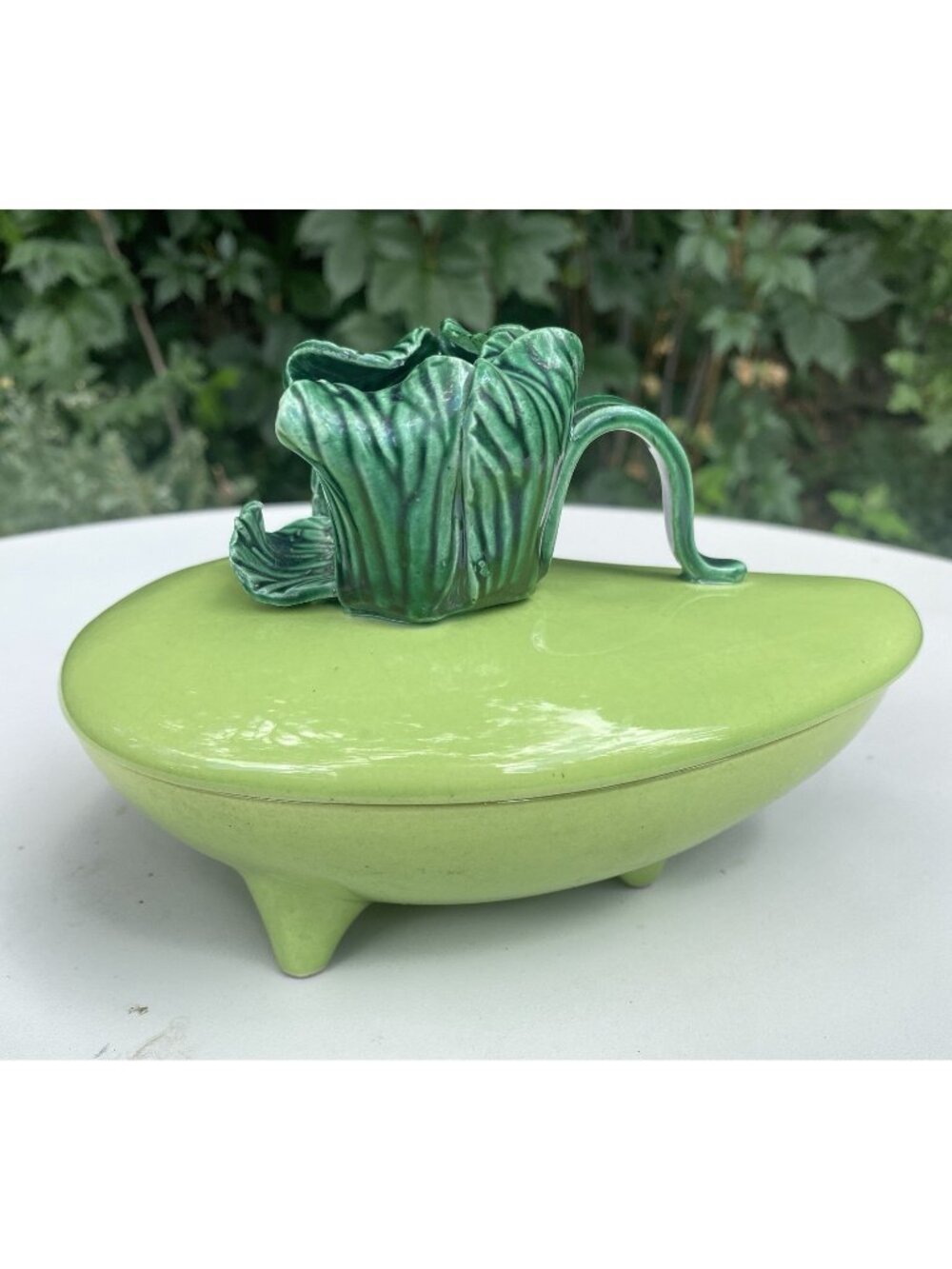 Vintage Mid Century AC Davey Chartreuse Covered  Avocado Trinket/Vanity Set READ